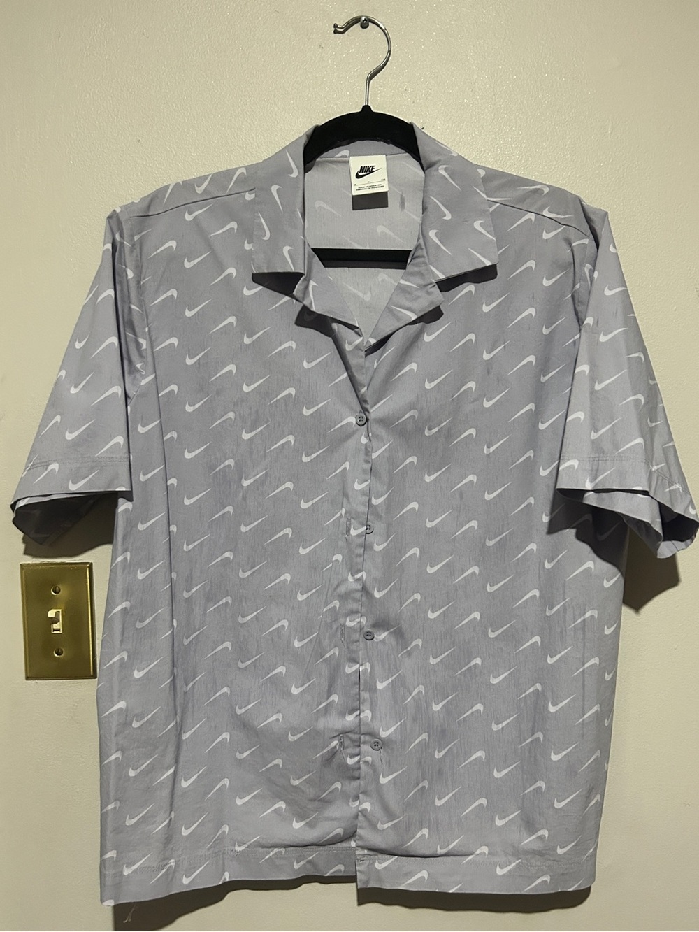 Nike Lilac Short-Sleeve Camp Collar Button-Up Shirt with White Swoosh Print